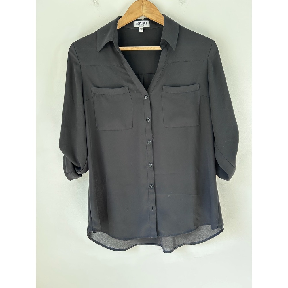 Express The Portofino Shirt Black Original Fit Roll Tab Sleeve Blouse Medium